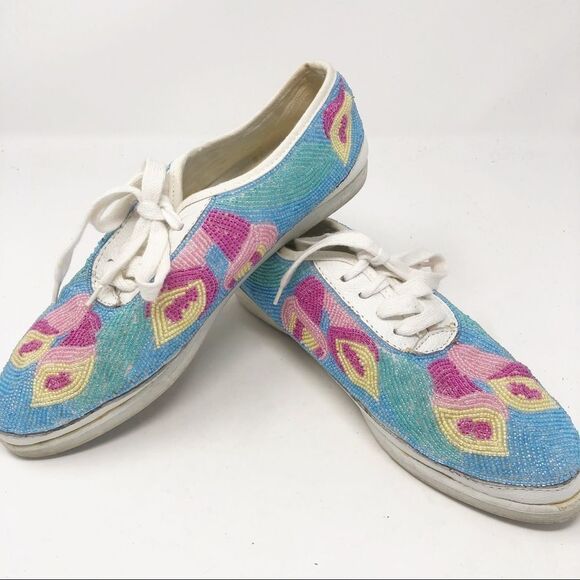 VINTAGE Beadz Beaded Lace Up Sneakers Pastels 7.5 - Picture 1 of 11
